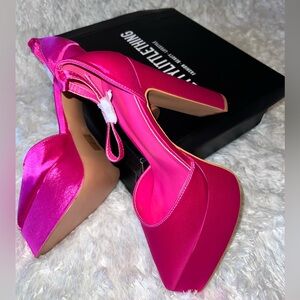 NEW HOT PINK WIDE FIT SATIN FLARED POINT TOE PLATFORM HIGH HEELED SANDALS